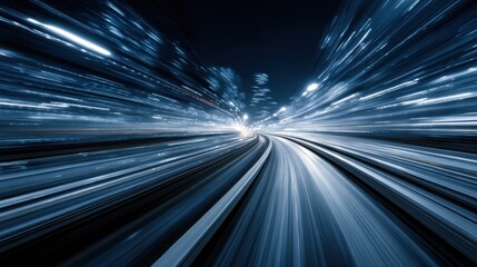 Poster - Bright light trails streak through a dark urban landscape, showcasing a vibrant city at night. The curvature of the road enhances the feeling of motion, adding depth to the scene.