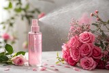 Pink rose water spray bottle misting with fresh pink roses and petals isolated on white background