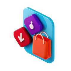Poster - 3d rendered icons representing shopping user profile and download isolated on transparent background