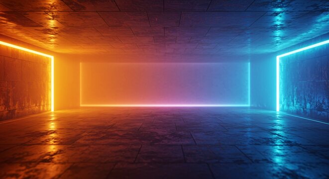 Abstract illuminated space featuring vibrant neon lights and reflective surfaces for modern designs