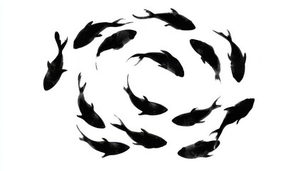 Poster - Minimalist design of black fish silhouettes swimming in spiral shape isolated on white background , no logos, no brands