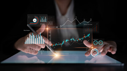 Poster - Data analytics dashboard with charts, indicators, and performance metrics, reveals trends, data analytics drives growth, supports insight, and data analytics improves decisions. Latch