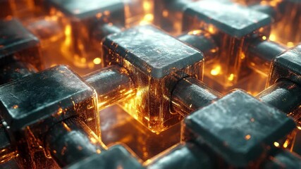 Fototapete - Intricate arrangement of glowing cubes interconnected by metallic chains in a modern abstract design
