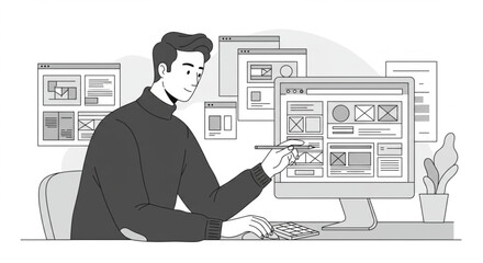 a male designer creates a user interface wireframe on a computer, showcasing the ui/ux development a
