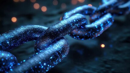 Fototapete - Chain link glowing in blue light with sparkling effects against a dark background