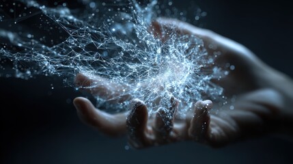 Poster - Digital transformation conceptual for next generation technology era, AI, Machine learning. Hands touching the big data structure, Digital data network connections, Data transformation.