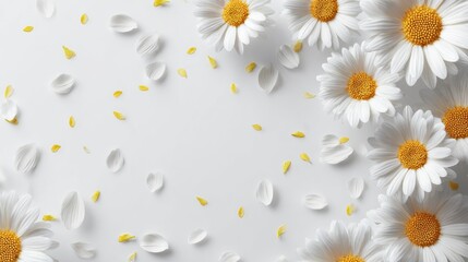 Poster - AI Image. Minimalist mockup design with scattered white daisies and petals with copy space