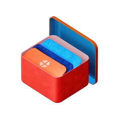 Poster - Red box with blue and orange inserts and a white logo isolated on transparent background