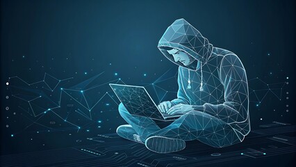 Hacker in a hoodie using a laptop with a digital network overlay isolated on white background