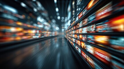 Poster - A blurry image of a store aisle with a lot of different items on the shelves. The image is in black and white and has a sense of motion and energy