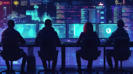 Poster - Team of cyber analysts engaged in complex data analysis in a futuristic control room at night