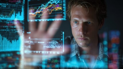 Poster - Focused Businessman Interacting with Digital Financial Data and Quarterly Projections Displayed