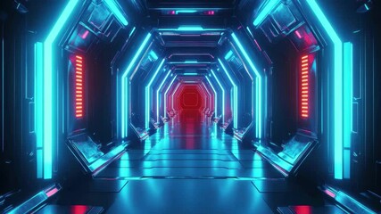 Poster - Futuristic hallway illuminated by neon lights in a sci-fi environment