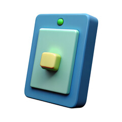 Poster - Stylized 3d render of a blue device with a green button and yellow square isolated on transparent background