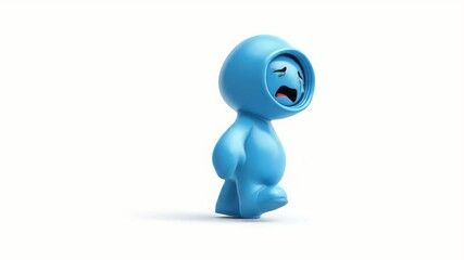 Poster - Animated Blue Character Walking with Sad Expression on White Background