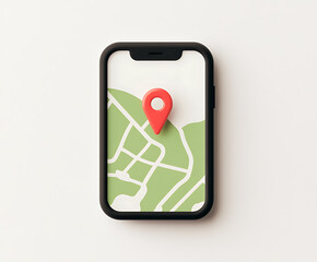 Leinwandbilder - Digital Map Icon: A 3D rendered square icon with a map displaying green land and white roads, topped by a prominent red location pin. Modern design.