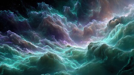 Poster - Expanding fractal waves glowing with neon hues in interstellar space