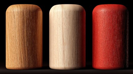 Poster - Three wooden cylinder blocks of different colors isolated on a black background