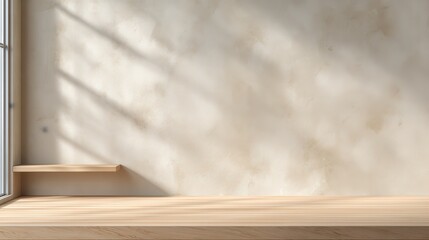 Poster - Cream-colored wall with subtle light and shadow patterns, showcasing a light wood surface ideal for product placement or design presentation.