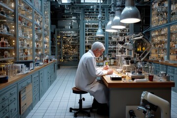 Poster - Scientist conducts research in a laboratory filled with glass containers and equipment