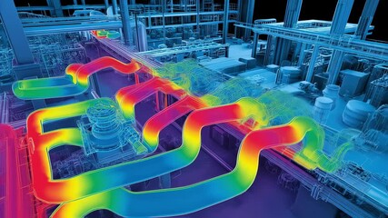Poster - Thermographic inspection revealing heat distribution in an intricate network of industrial pipes, emphasizing temperature variations and energy inefficiencies