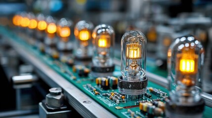Poster - A row of glowing light bulbs on a green board. The bulbs are lit up and appear to be glowing in the dark