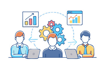 Poster - Teamwork collaboration and data analysis with interconnected gears and charts on black background