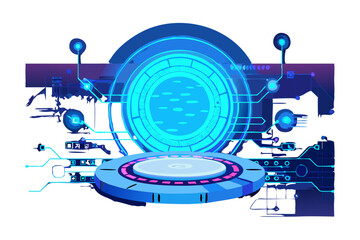 Poster - Futuristic holographic interface with glowing blue digital portal and interactive platform