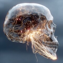 Poster - A skull with glowing wires coming out of it. The skull is surrounded by a dark background. The skull is glowing with a bright light, giving it a futuristic and otherworldly appearance