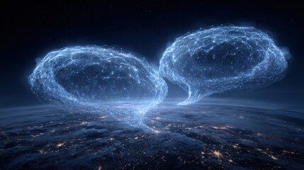 Poster - Two blue blobs of light are floating in the sky. The blobs are connected by a line