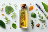 Botanical-infused hair oil with vibrant herbal extracts displayed elegantly