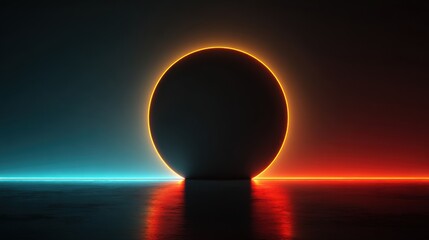 Poster - A large, glowing circle rises above a horizon, surrounded by bright neon blue and red lines. The dramatic contrast produces a captivating visual effect in a dark space.