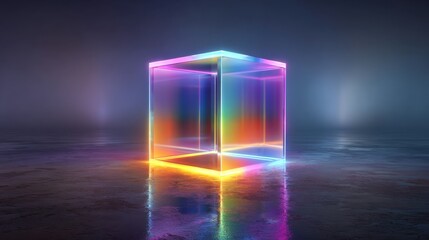 Fototapete - A transparent cube emits bright, colorful light beams in a dimly lit environment, creating stunning reflections on the smooth floor. Vibrant hues of blue, purple, and orange dominate the scene.