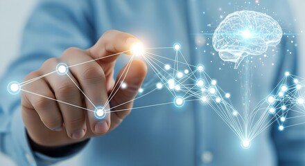 Poster - hand interacting with digital network and brain illustration on a light blue background