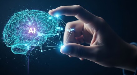 Poster - human hand interacts with digital brain ai model connected by glowing nodes on a dark blue backgroun