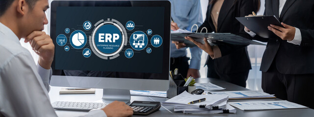 Poster - Business intelligence and data analysis concept. Analyst team working on financial data analysis dashboard on laptop screen as marketing indication for effective business strategic planning. Insight