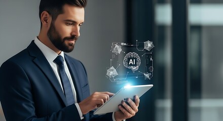 Poster - Businessman using tablet with ai brain hologram display in a modern office environment setting