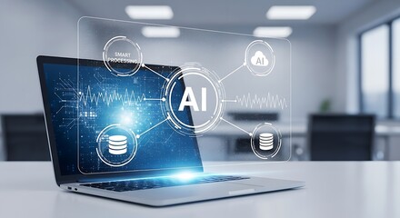 Poster - Laptop displaying ai interface with smart processing and cloud connections in a modern office space