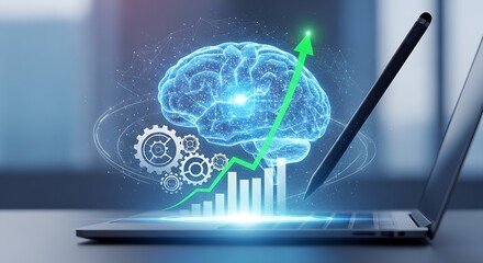 Poster - Laptop displaying a digital brain with gears and an upward trending graph and a stylus on the screen