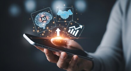 Poster - A person holding a smartphone with ai brain handshake arrow and graph icons floating above the device
