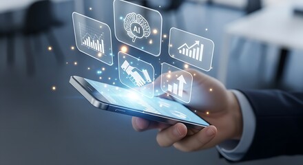 Aufkleber - A hand holding a smartphone with ai and business icons floating above the screen in a modern setting