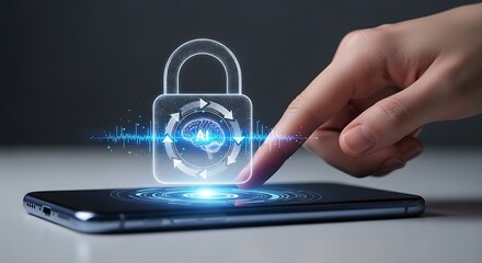 Poster - A hand touching a smartphone screen displaying a digital padlock with an ai brain inside it