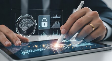 Aufkleber - Person using stylus on tablet displaying ai brain, padlock, and data graphs for cybersecurity