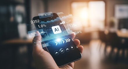 Aufkleber - Person holding smartphone displaying ai data and financial statistics in a blurred background room