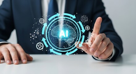Poster - Man in suit interacting with ai brain hologram with arrows and gears on a white surface