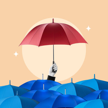 Man, business, holding, umbrella, red, crowd, blue umbrella, insurance, document, standing out from the crowd, umbrella, protection, individuality, insurance agent, accidents, disasters, business