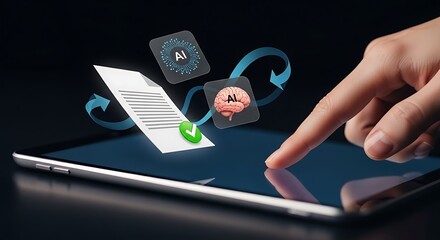 Poster - Hand touching tablet with ai icons paper and checkmark for document processing on dark background
