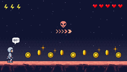 Poster - Astronaut in pixel art game level, collecting coins in outer space. Retro video game concept. Vector illustration for interface and design.
