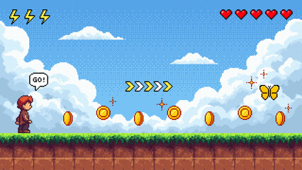 Poster - Pixel art game level vector with a young boy character, coins, and a butterfly. Retro video game concept.