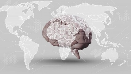 Poster - 3D brain emerging triggers world map outline growth while rotating, linking digital data nodes